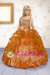 Unique Pick Ups Spaghetti Straps Sleeveless Lace Up Kids Formal Wear Orange Satin