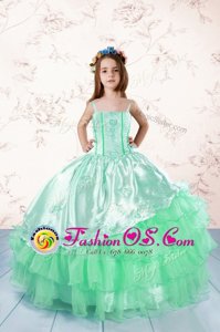 Pretty Straps Sleeveless Little Girls Pageant Gowns Floor Length Beading and Pick Ups Green Organza