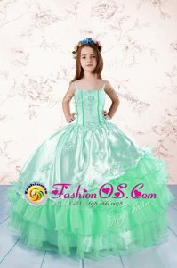 Modern Ruffled Floor Length Apple Green Girls Pageant Dresses Spaghetti Straps Sleeveless Lace Up