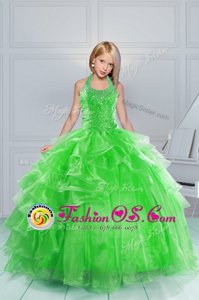 Beauteous Ball Gowns Kids Formal Wear Green Halter Top Organza Sleeveless Floor Length Lace Up