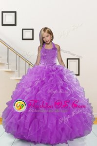 On Sale Halter Top Purple Sleeveless Beading and Ruffles Floor Length Kids Formal Wear