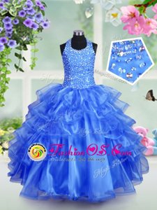 Fashion Halter Top Ruffled Royal Blue Sleeveless Organza Lace Up Kids Pageant Dress for Party and Wedding Party