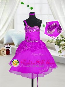 Fuchsia Sweetheart Lace Up Beading and Hand Made Flower Kids Formal Wear Sleeveless
