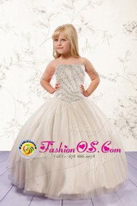 Champagne Strapless Neckline Beading Little Girls Pageant Gowns Sleeveless Lace Up