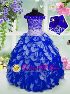Off The Shoulder Sleeveless Lace Up Kids Pageant Dress Royal Blue Organza