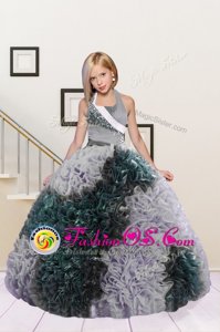 Halter Top Sleeveless Fabric With Rolling Flowers Floor Length Lace Up Kids Formal Wear in Dark Green and Silver for with Beading and Ruffles