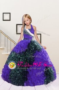 Halter Top Dark Green and Eggplant Purple Fabric With Rolling Flowers Lace Up Girls Pageant Dresses Sleeveless Floor Length Beading and Ruffles