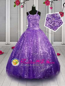 Cute Lavender Sequined Lace Up Little Girls Pageant Gowns Sleeveless Floor Length Sequins