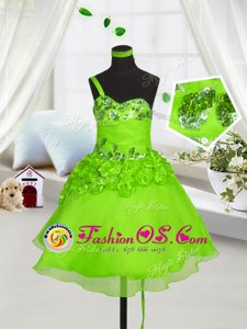 Excellent One Shoulder Organza Lace Up Girls Pageant Dresses Sleeveless Knee Length Beading and Hand Made Flower