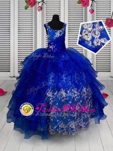 Modern Straps Sleeveless Lace Up Little Girl Pageant Gowns Blue Organza