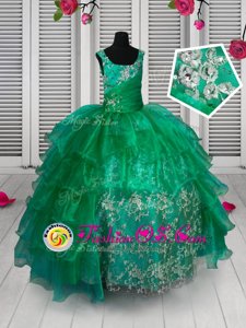 Beauteous Floor Length Ball Gowns Sleeveless Teal Little Girls Pageant Gowns Lace Up