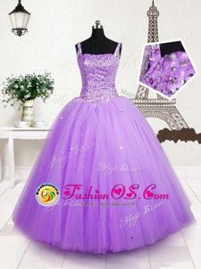 Lilac Tulle Lace Up Little Girl Pageant Gowns Sleeveless Floor Length Beading and Sequins