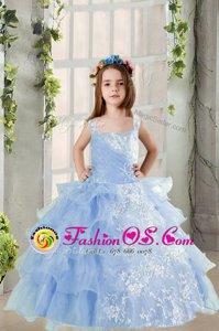 Baby Blue Ball Gowns Lace and Ruffled Layers Kids Pageant Dress Lace Up Organza Long Sleeves Floor Length