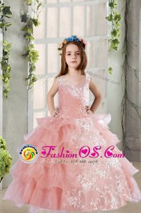 Custom Fit Baby Pink Ball Gowns Lace and Ruffled Layers Kids Formal Wear Lace Up Organza Sleeveless Floor Length