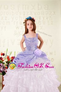 Beading and Ruffled Layers and Hand Made Flower Kids Pageant Dress Lavender Lace Up Sleeveless Floor Length