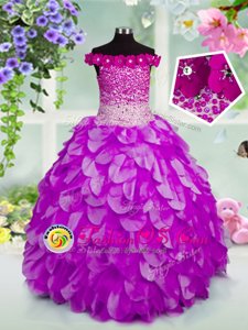 Organza Off The Shoulder Sleeveless Lace Up Beading and Hand Made Flower Little Girl Pageant Dress in Lavender