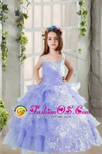 Lavender Ball Gowns Organza Square Sleeveless Lace and Ruffled Layers Floor Length Lace Up Little Girl Pageant Gowns