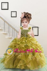Yellow Green Sleeveless Floor Length Beading and Ruffles Lace Up Little Girls Pageant Gowns