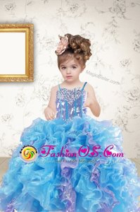 Sleeveless Floor Length Beading and Ruffles and Sequins Lace Up Kids Formal Wear with Multi-color