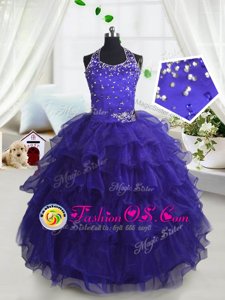 Luxurious Scoop Navy Blue Sleeveless Beading and Ruffled Layers Floor Length Pageant Gowns For Girls