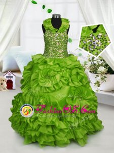 Olive Green Halter Top Zipper Beading and Ruffles Kids Pageant Dress Sleeveless