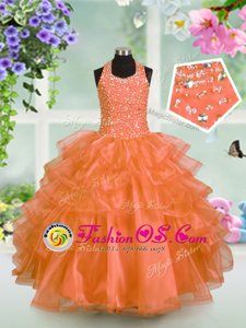 New Style Orange Little Girls Pageant Dress Party and Wedding Party and For with Beading and Ruffled Layers Halter Top Sleeveless Lace Up