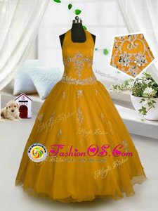 Wonderful Halter Top Sleeveless Little Girls Pageant Dress Wholesale Floor Length Appliques Orange Tulle