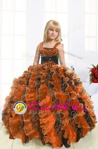 Perfect Orange Child Pageant Dress Party and Wedding Party and For with Beading and Ruffles Straps Sleeveless Lace Up