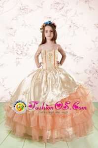 Fashionable Sleeveless Floor Length Embroidery and Ruffled Layers Lace Up Little Girls Pageant Dress with Orange Red