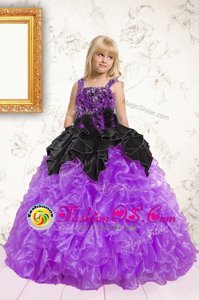 Black and Purple Sleeveless Beading and Ruffles Floor Length Little Girls Pageant Gowns