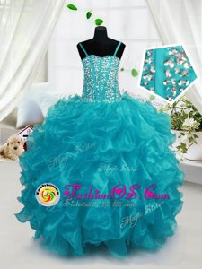 Ball Gowns Child Pageant Dress Baby Blue Halter Top Organza Sleeveless Floor Length Lace Up