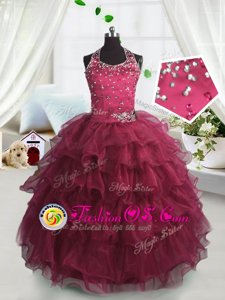 Scoop Sleeveless Organza Floor Length Lace Up Pageant Gowns For Girls in Watermelon Red for with Beading and Ruffled Layers