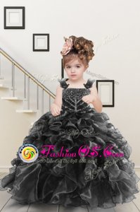 Latest Black Sleeveless Beading and Ruffles Floor Length Girls Pageant Dresses