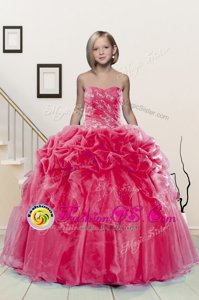 Hot Pink Lace Up Little Girl Pageant Dress Beading and Pick Ups Sleeveless Floor Length