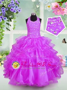 Superior Halter Top Lilac Organza Lace Up Girls Pageant Dresses Sleeveless Floor Length Beading and Ruffled Layers