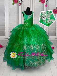 Dazzling Floor Length Green Girls Pageant Dresses Organza Sleeveless Appliques and Ruffled Layers