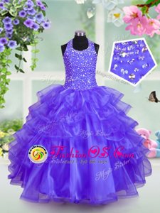 Blue Organza Lace Up Halter Top Sleeveless Kids Pageant Dress Beading and Ruffled Layers