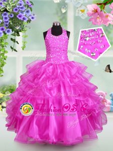 Cheap Halter Top Fuchsia Sleeveless Beading and Ruffled Layers Floor Length Kids Pageant Dress