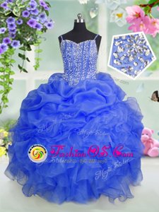 Pick Ups Floor Length Ball Gowns Sleeveless Baby Blue Kids Pageant Dress Lace Up