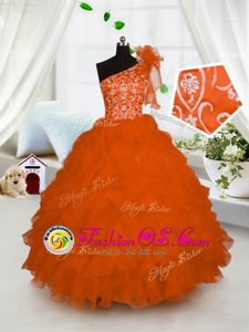 Orange One Shoulder Neckline Embroidery and Ruffles Little Girls Pageant Dress Wholesale Sleeveless Lace Up