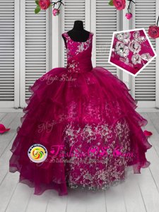 Exquisite Scoop Beading and Ruffled Layers Little Girls Pageant Dress Wholesale Fuchsia Lace Up Sleeveless Floor Length