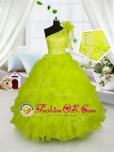 Yellow Green Organza Lace Up One Shoulder Sleeveless Floor Length Little Girls Pageant Dress Wholesale Embroidery and Ruffles