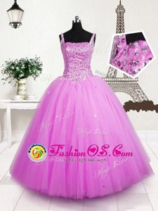 Beading and Sequins Little Girls Pageant Dress Wholesale Rose Pink Lace Up Sleeveless Floor Length