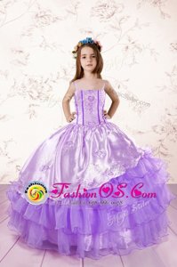 Fashion Floor Length Lavender Little Girls Pageant Dress Organza Sleeveless Embroidery and Ruffled Layers