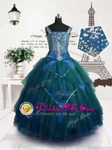 Enchanting Teal Ball Gowns Beading and Belt Girls Pageant Dresses Lace Up Tulle Sleeveless Floor Length
