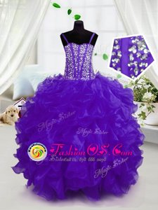 Beading and Ruffles Little Girls Pageant Gowns Purple Lace Up Sleeveless Floor Length