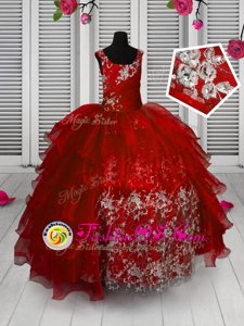 Cute Red Ball Gowns Straps Sleeveless Organza Floor Length Lace Up Appliques and Ruffled Layers Little Girls Pageant Gowns