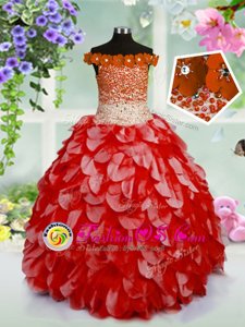 Beautiful Off The Shoulder Sleeveless Child Pageant Dress High Low Beading and Hand Made Flower Red Organza