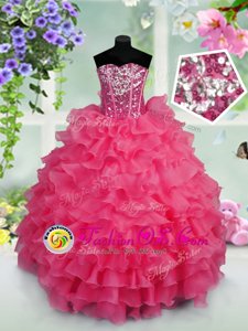 Floor Length Lace Up Child Pageant Dress Hot Pink and In for Party and Wedding Party with Ruffled Layers and Sequins