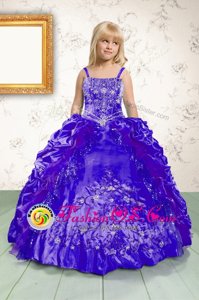Hot Selling Royal Blue Spaghetti Straps Neckline Beading and Appliques and Pick Ups Little Girls Pageant Dress Sleeveless Lace Up